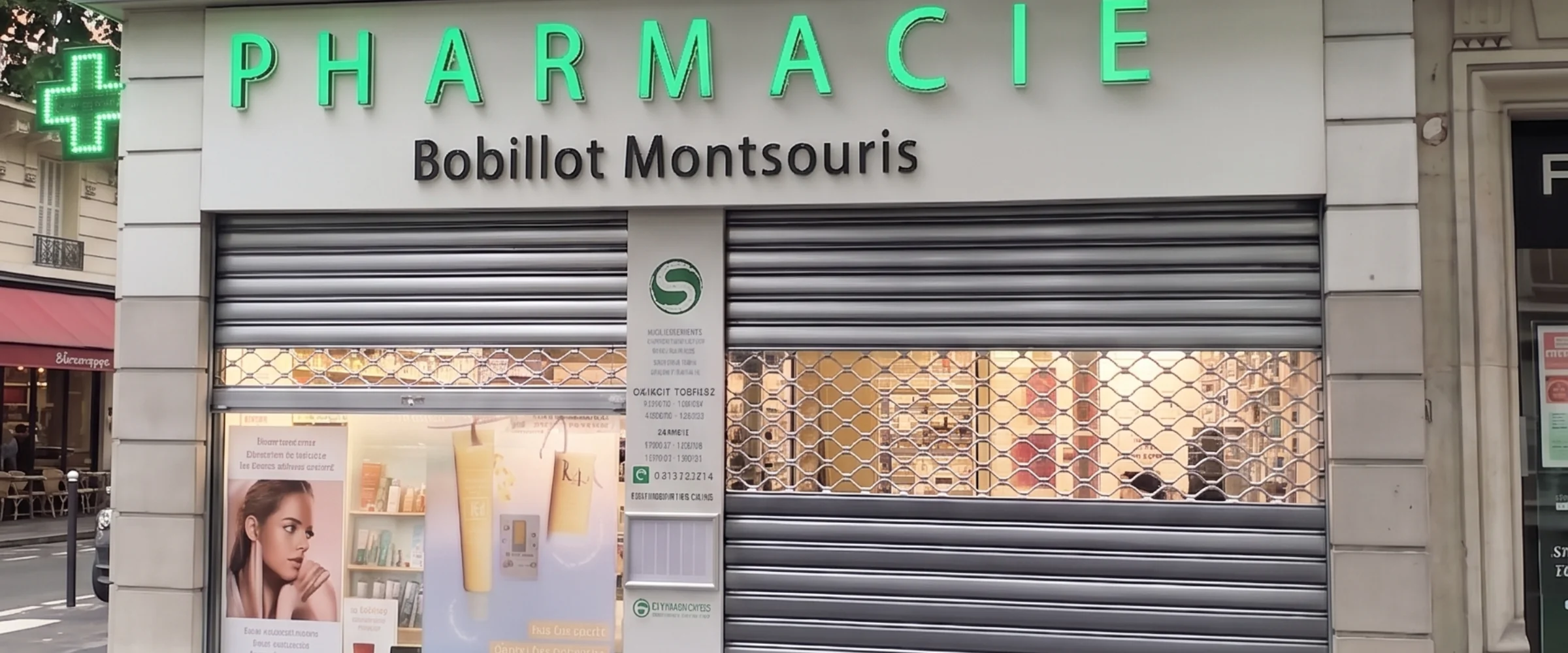 Remplacement de l’axe motorisé et du tablier d’un rideau métallique pour Pharmacie Bobillot Montsouris (75)